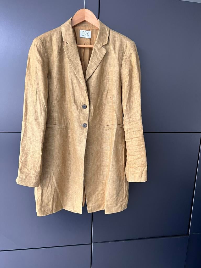 SEY STUDIO BEIGE NATUURLIJK LINNEN LANGE BLAZER COLBERT 40, Kleding | Dames, Ophalen of Verzenden, Zo goed als nieuw, Maat 38/40 (M)