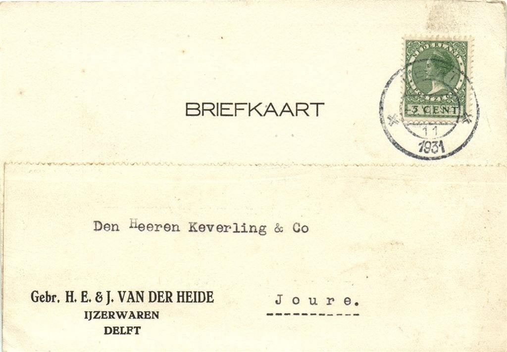 Gebr. H.E. + J. van der Heide, Delft - 07.1931 - briefkaart, Ophalen of Verzenden, Briefkaart