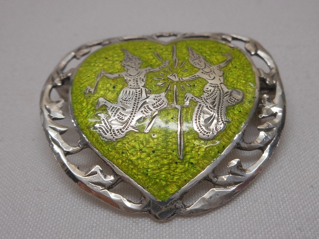Sterling zilveren antieke broche met groen Emaillen nr.1670, Verzenden, Zilver, Broche