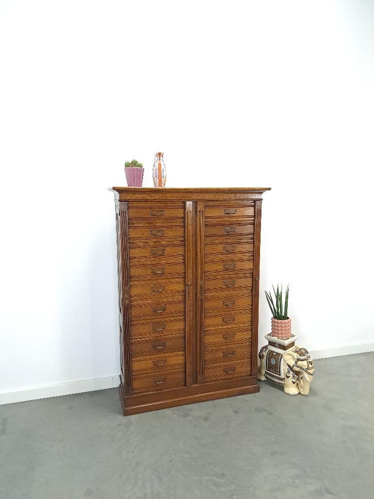Antieke oude eiken houten archief ladekast, Antiek, Gebruikt, 100 tot 150 cm, 5 laden of meer