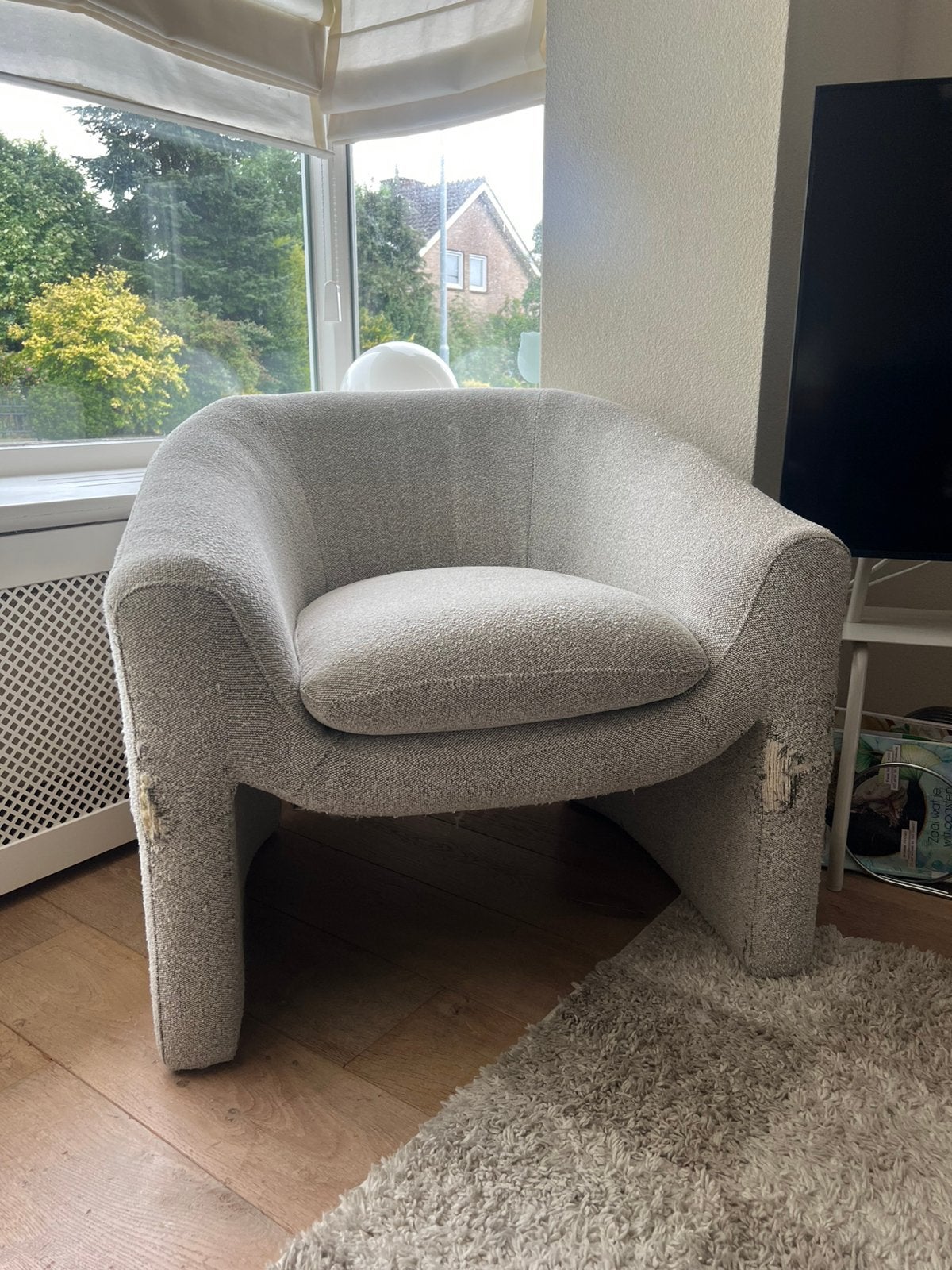 Moderne fauteuil gemeleerd grijs beige - Japandi, opknapper!, Ophalen, Zo goed als nieuw, 75 tot 100 cm, Stof