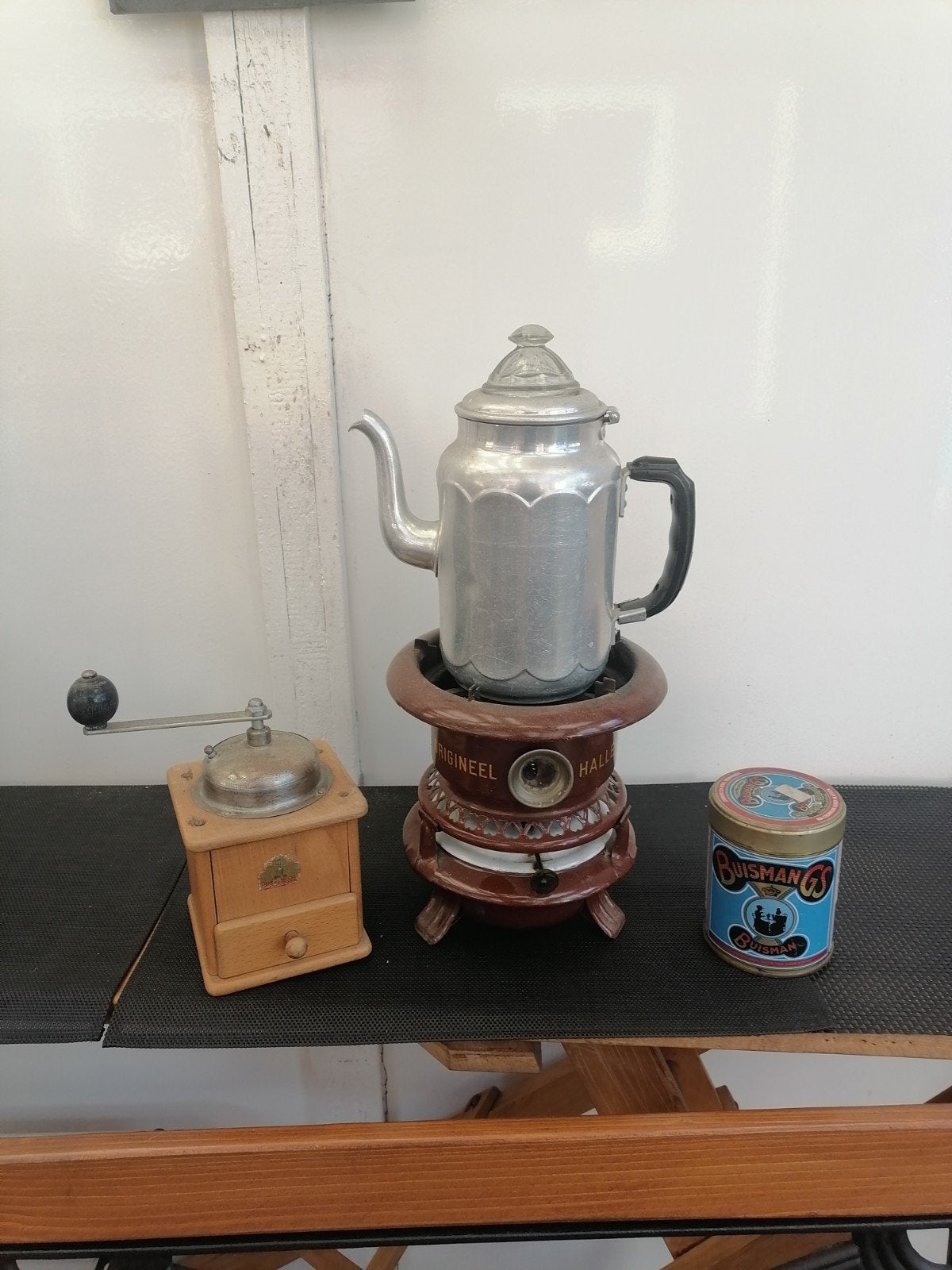 Vintage koffie set: Haller petroleumstel, percolator, molen, Antiek en Kunst, Ophalen of Verzenden