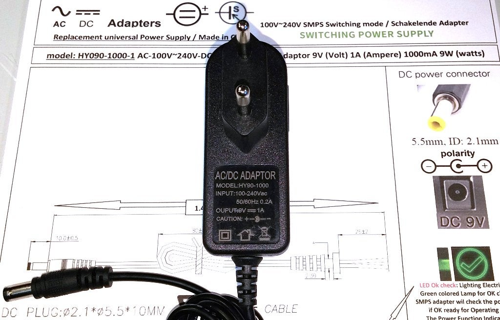 HY090-1000 9V 1A AC DC Adapter Lader Oplader Voeding kabel