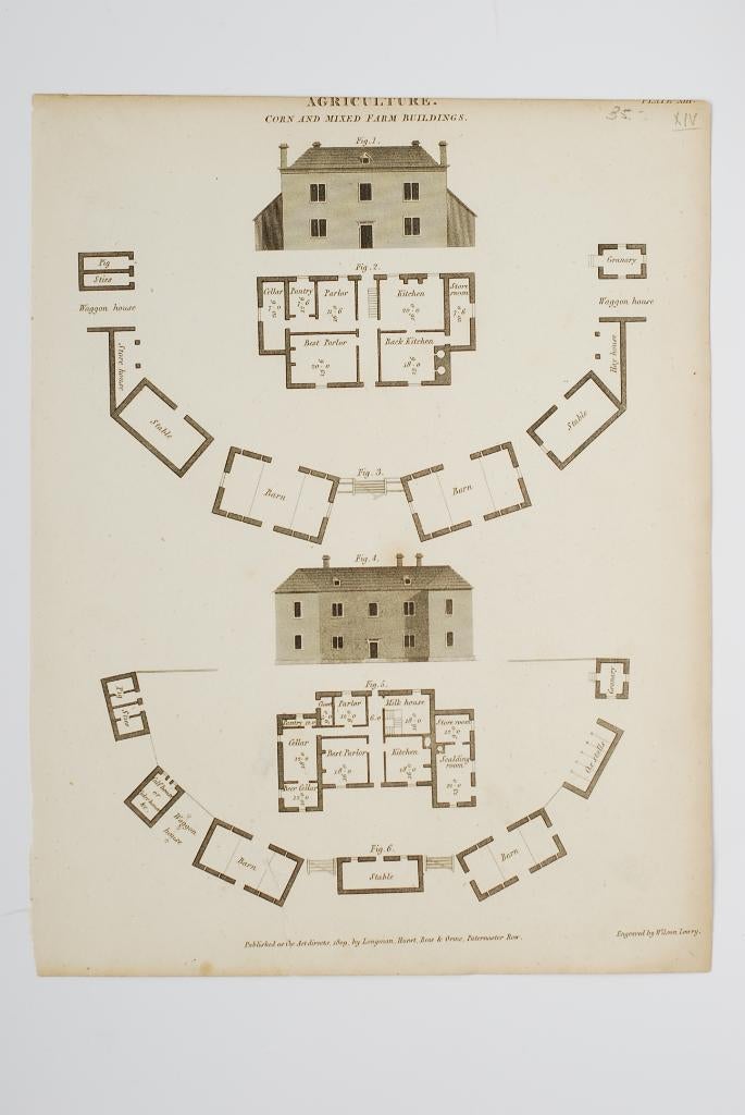 Graan- en Gemengde Boerderijgebouwen - Antieke illustratie, Verzenden, Voor 1940, Gebruikt