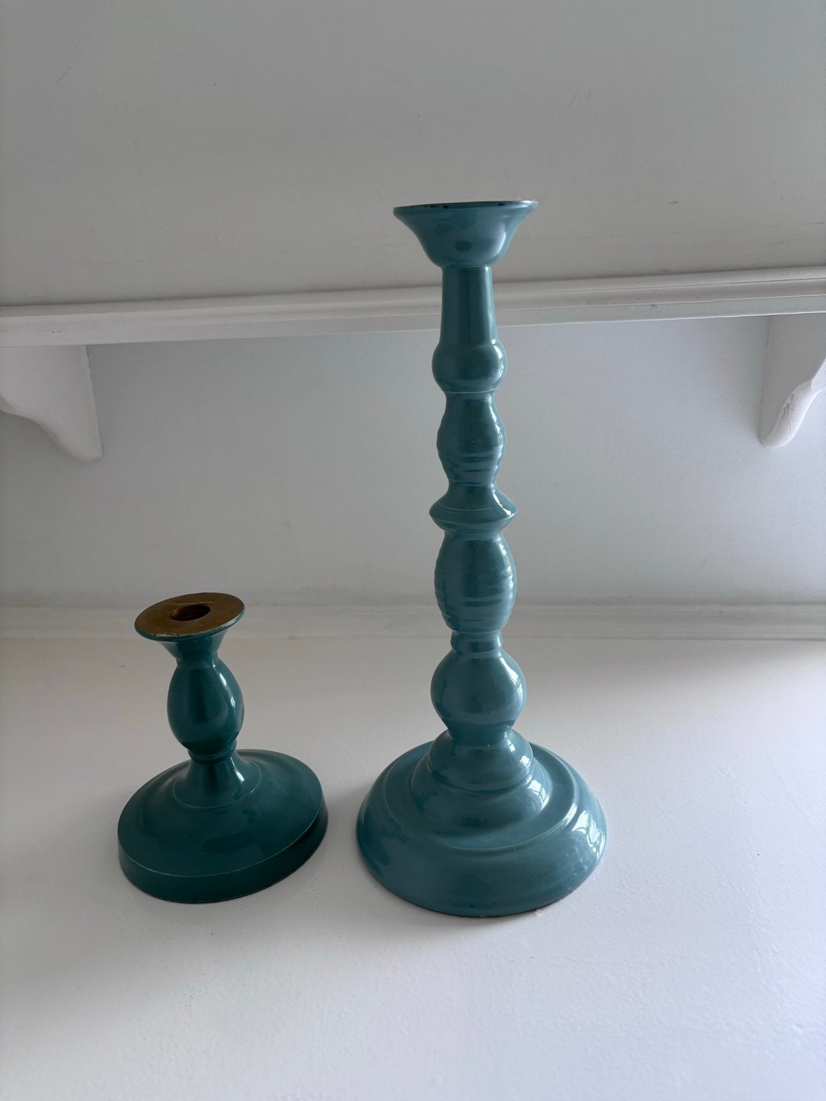 Set van 2 blauwe kaarsenstandaards: klein en groot, Gebruikt, Blauw, Ophalen of Verzenden, Metaal