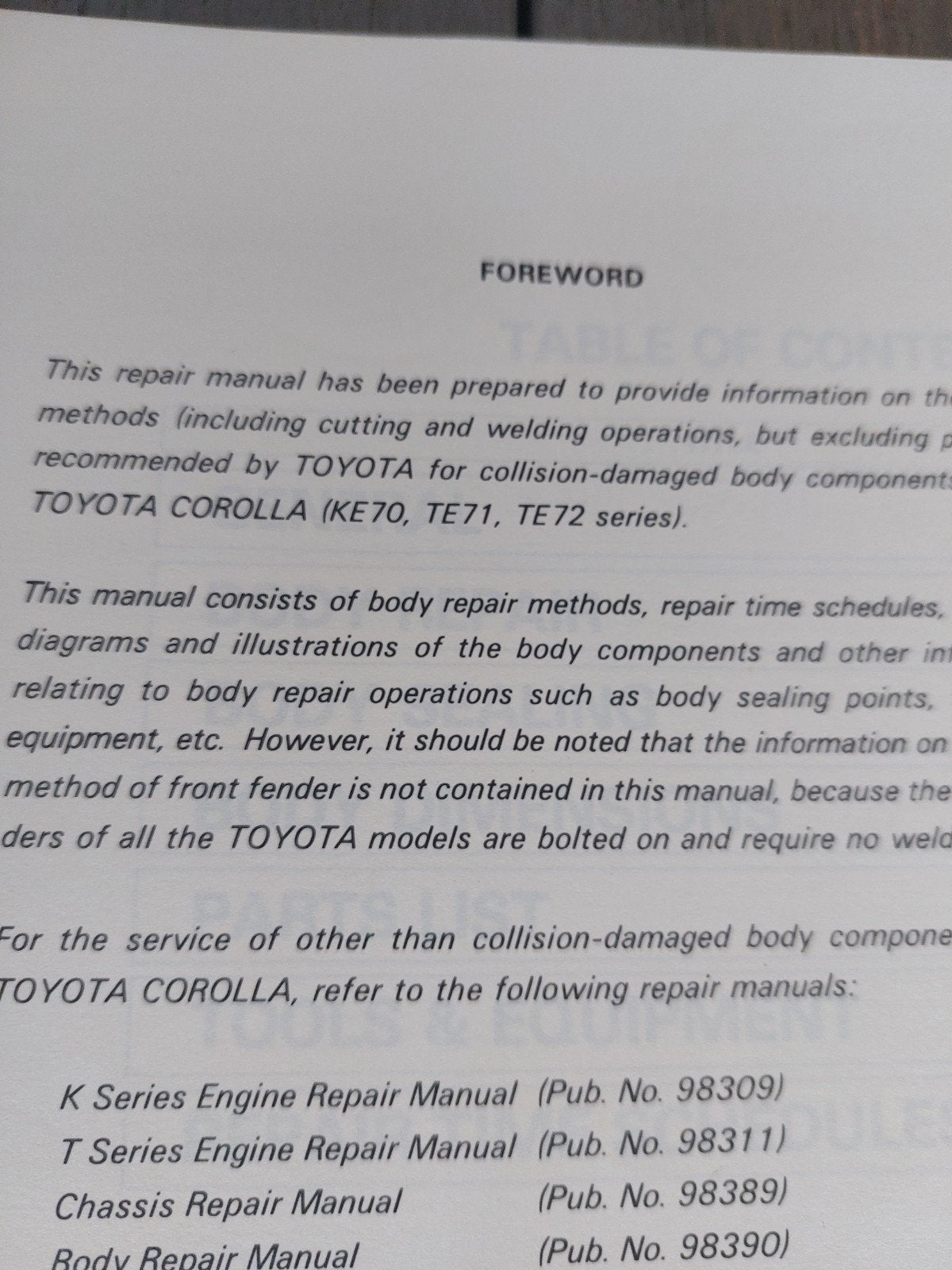 REPAIR MANUAL FOR COLLISION DAMAGE TOYOTA COROLLA KE70 TE71, Ophalen of Verzenden