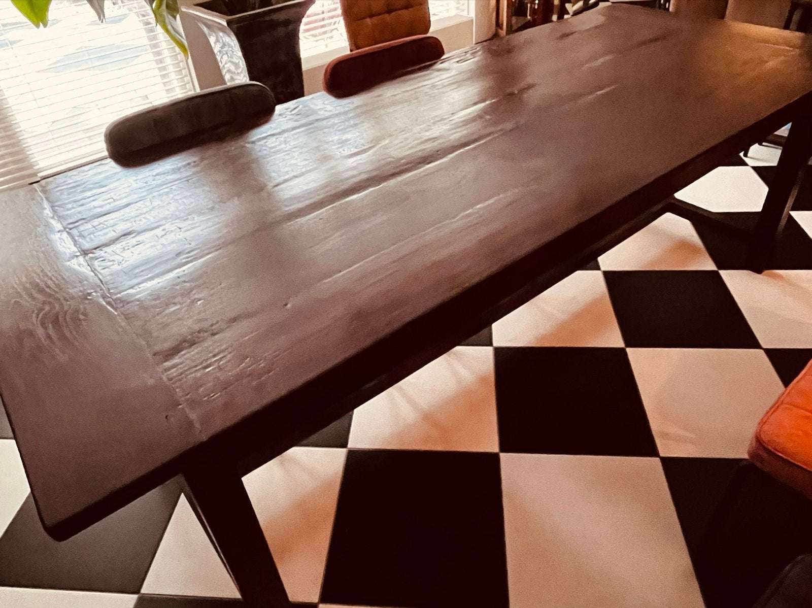 Massief bruine houten kasteel/eettafel (250x100x80cm), Ophalen, Gebruikt, 100 tot 150 cm, 200 cm of meer