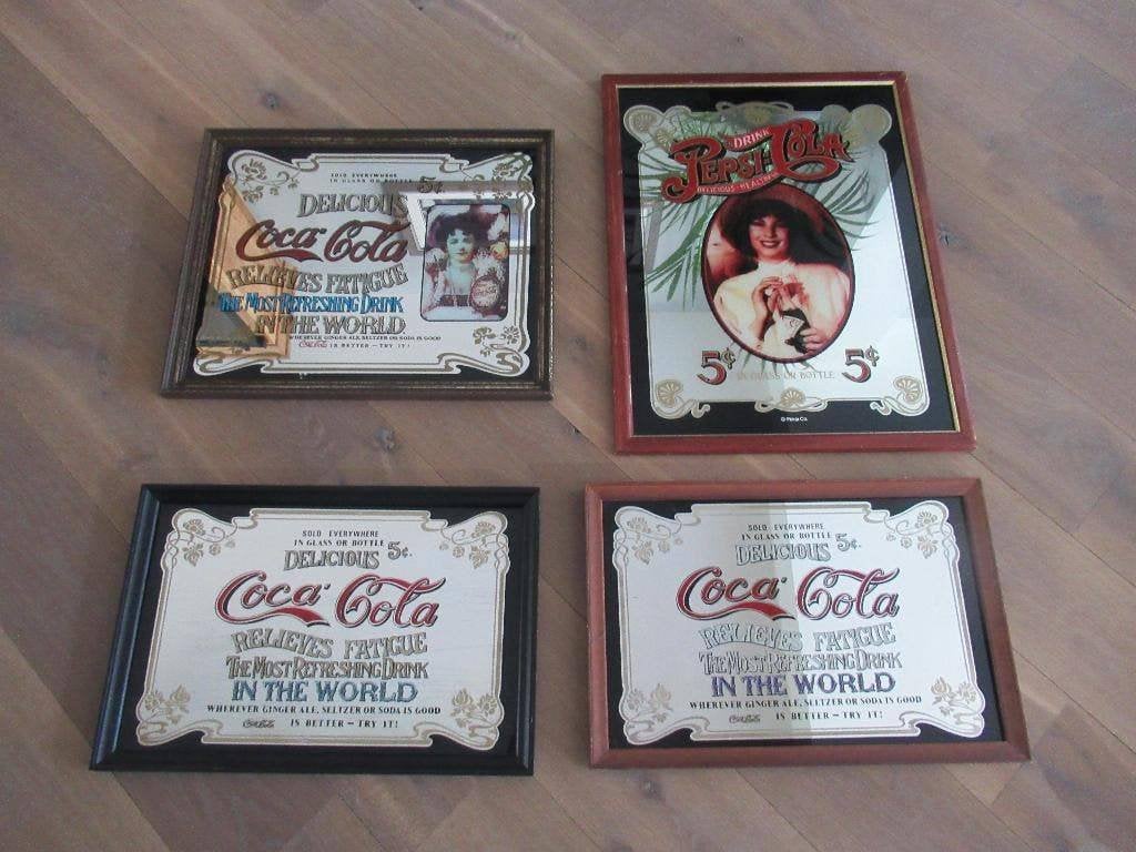 3 grote Coca cola logo en 1 Pepsi spiegel schilderij, Ophalen of Verzenden, Zo goed als nieuw, Reclamebord