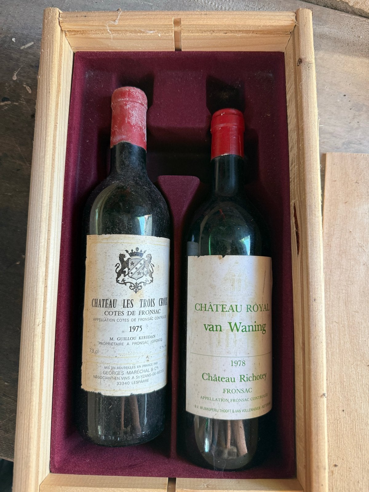 Vintage Fronsac Rode Wijn 1975 & 1978 in Houten Kist, Ophalen, Gebruikt, Frankrijk, Rode wijn
