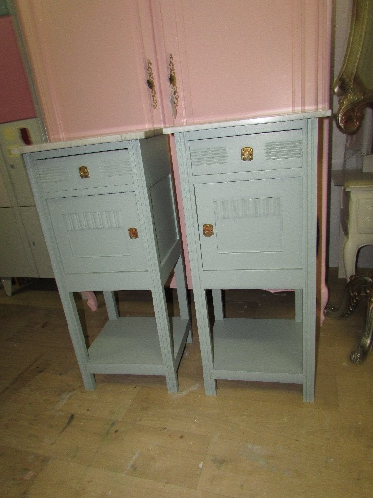antiek eiken set nachtkastjes met wit marmer blad 275,00, Minder dan 45 cm, Ophalen of Verzenden, Zo goed als nieuw, 70 cm of meer