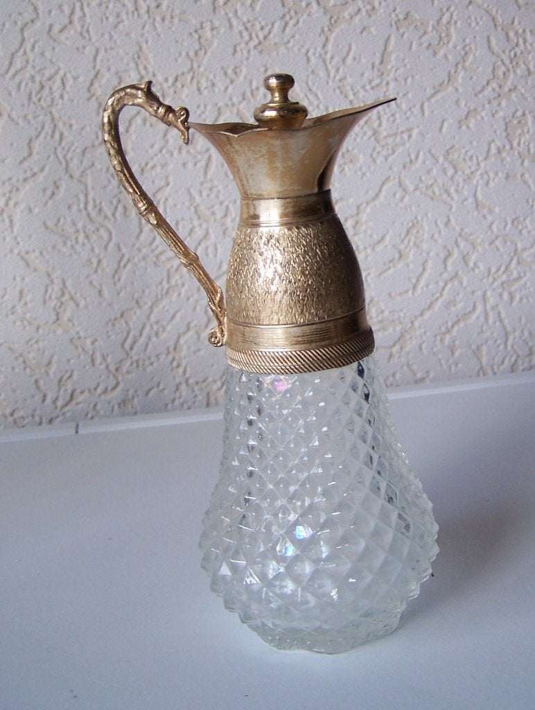 Mini karaf met zilverkleurige schenktuit/handvat., Ophalen of Verzenden