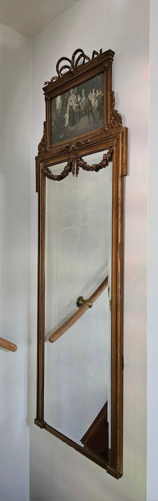 Antieke Franse Trumeau Spiegel met Strik en Guirlandes, Ophalen, Rechthoekig, 50 tot 100 cm, 150 tot 200 cm