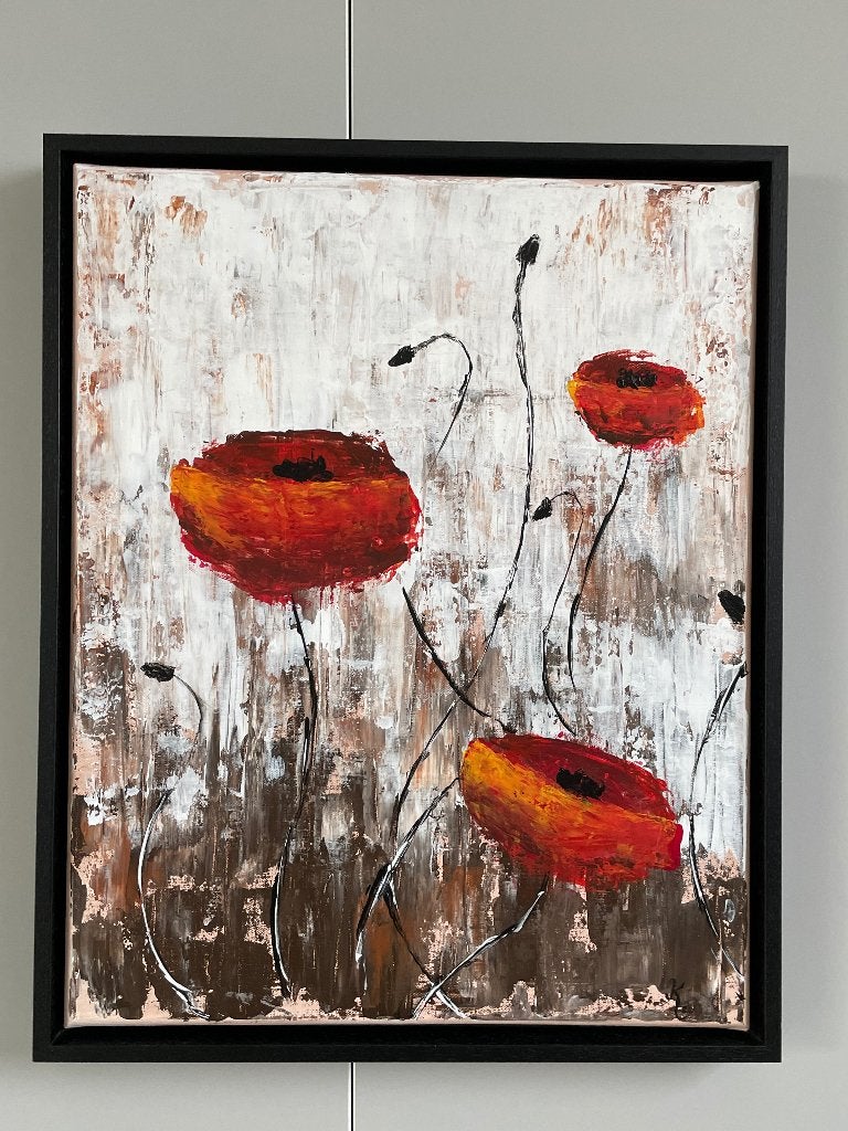 Levendig abstract schilderij met klaprozen, gesigneerd, Acrylverf, Ophalen of Verzenden, Handgeschilderd, Bloemen