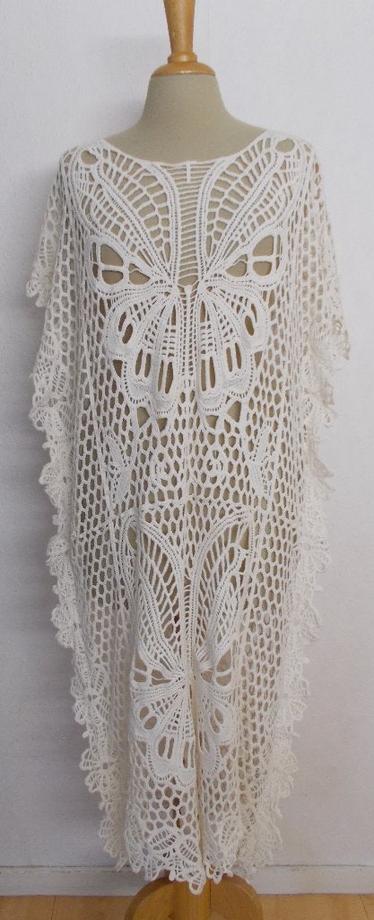 Ibiza knitwear/crochet look beige maxi vlinder jurk! L/XL, Kleding | Dames, Jurken, Verzenden, Beige, Maat 42/44 (L), Zo goed als nieuw