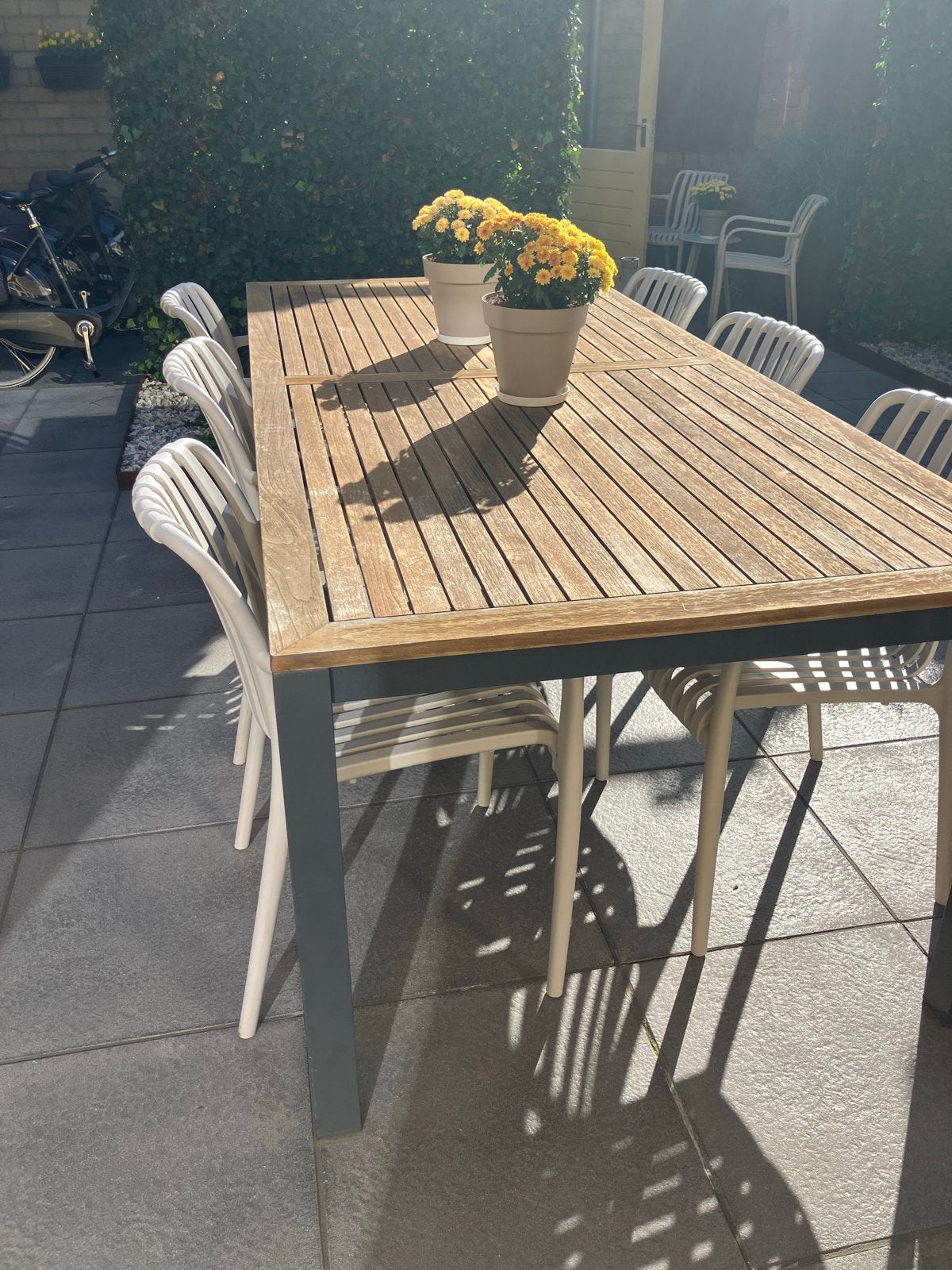Tuinset: HartmanTeakhouten Tafel (220x100) met 6 Stoelen, Ophalen, Gebruikt, Rechthoekig, Teakhout