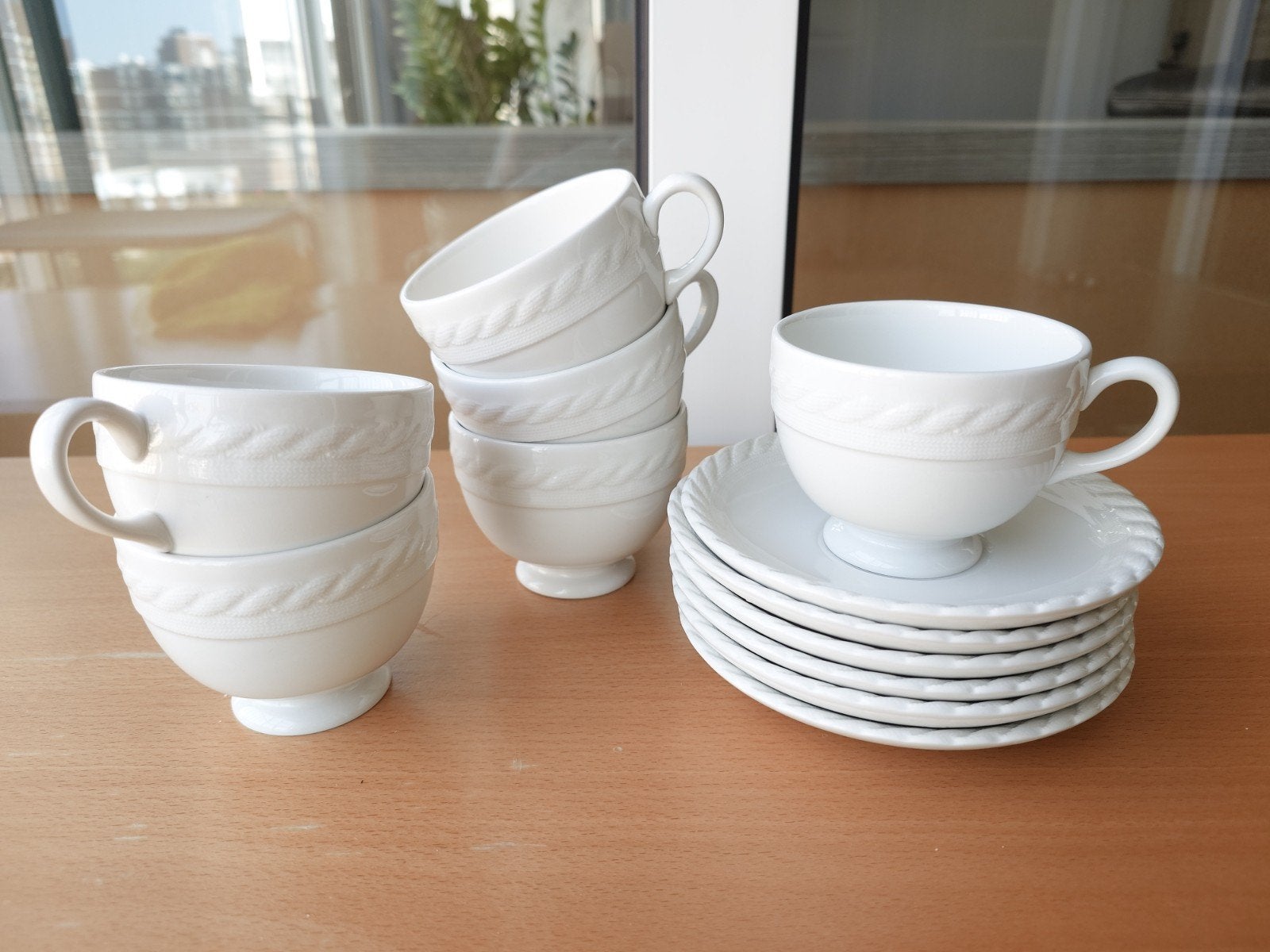 6 Ralph Lauren Wedgwood Clearwater Kopjes en Schotels, Huis en Inrichting, Ophalen, Zo goed als nieuw, Wedgwood, Kop(pen) en/of Schotel(s)
