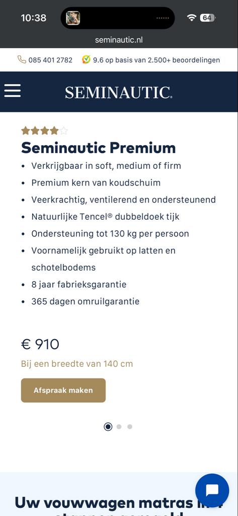 Seminautic Premium Koudschuim Matras 140 cm (13 cm dik), Eén persoon, Cadeaubon