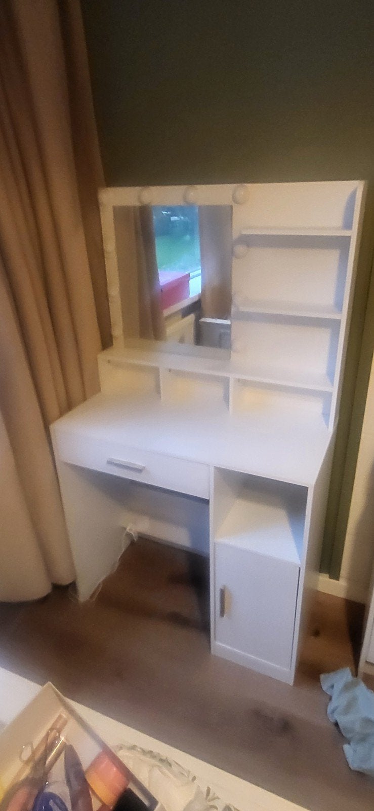 Witte make-up tafel met spiegel en verlichting, 100 tot 150 cm, Zo goed als nieuw, Modern, Glamour, Hout