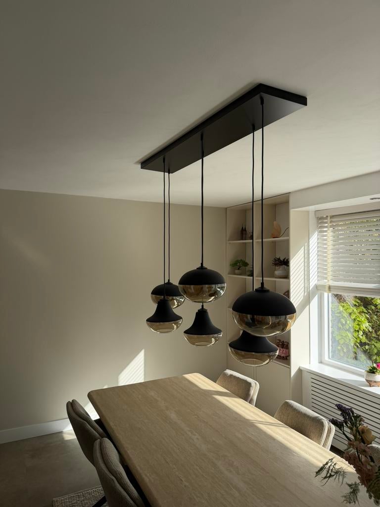 Goossens Hanglamp Oscar met 6 lichtpunten zwart, Huis en Inrichting, Lampen | Hanglampen, Ophalen, Zo goed als nieuw, Glas, Minder dan 50 cm