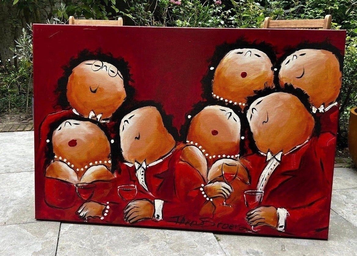 Schilderij ‘Jaarclubje’ – Theo Broeren – op linnen 120x80 cm, Ophalen, Op houten frame, Acrylverf, Portret