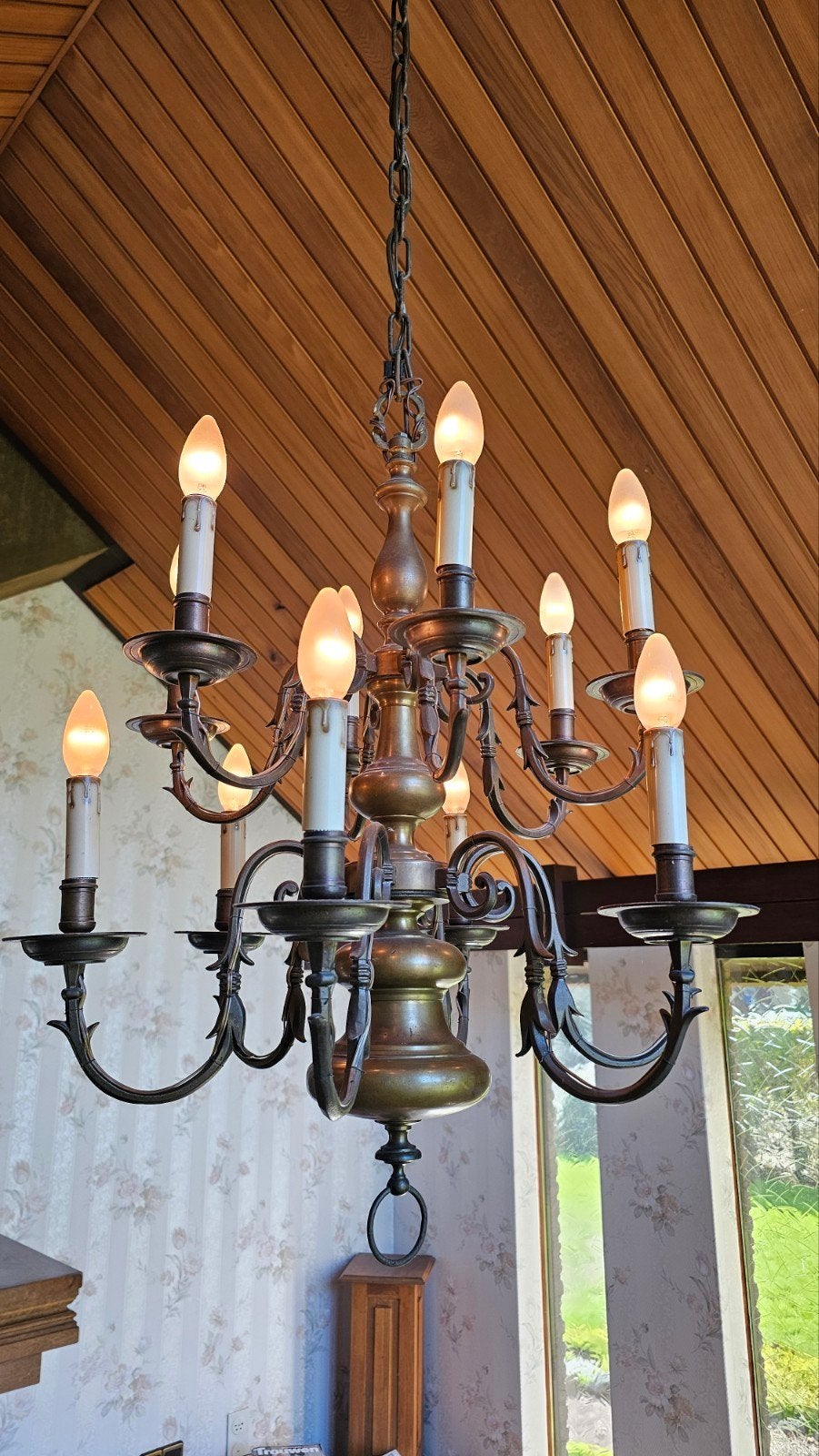 Antieke bronzen kroonluchter met 12 armen, Huis en Inrichting, Ophalen, Gebruikt, E14 (klein), Klassiek, Antiek, Vintage