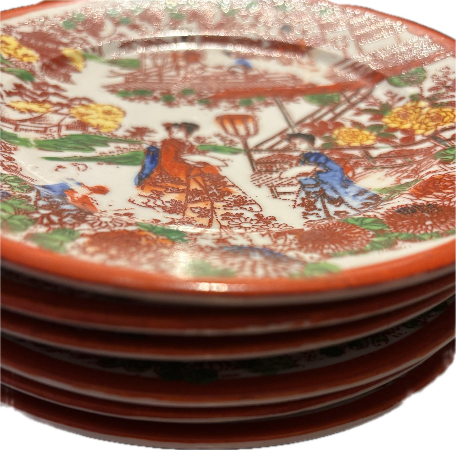 6 Vintage bordjes geisha girl - Kutani, Gebruikt, Ophalen of Verzenden, Overige stijlen, Kop(pen) en/of Schotel(s)