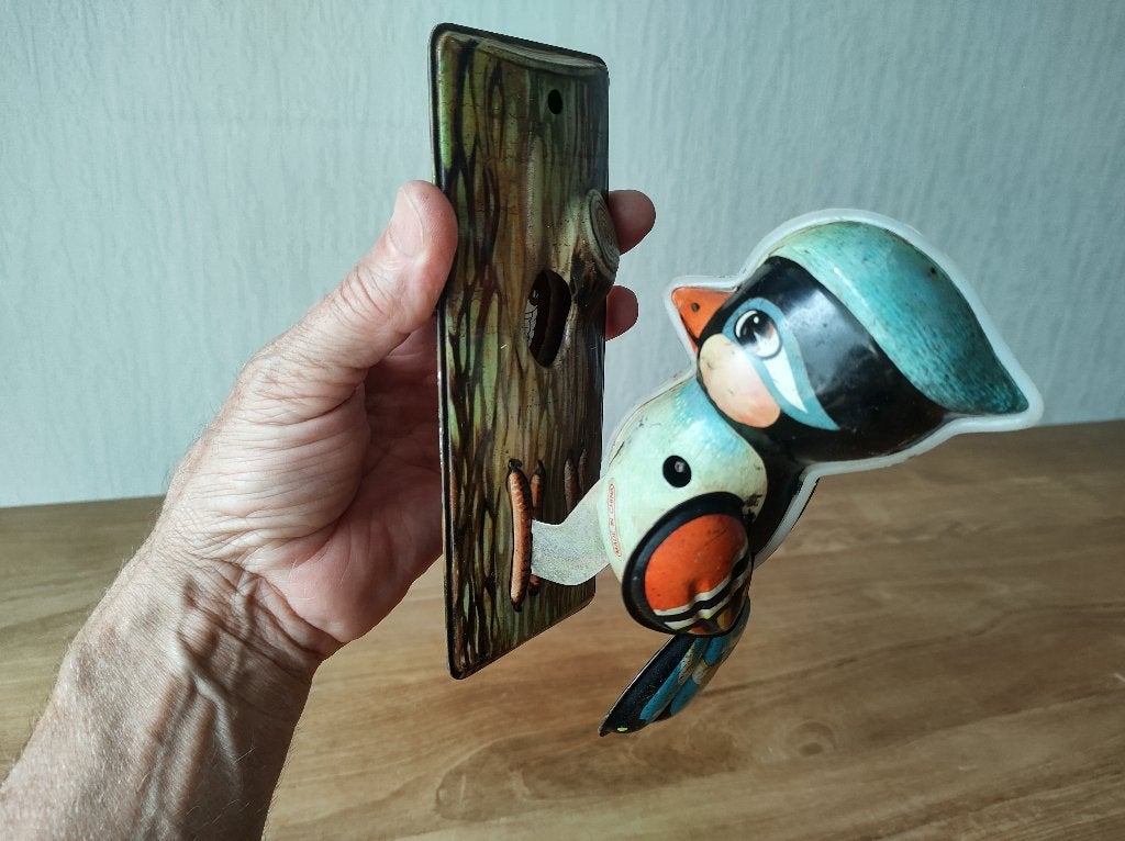 Oud blikken opwind speelgoed specht vogel, Antiek en Kunst, Antiek | Speelgoed, Ophalen of Verzenden