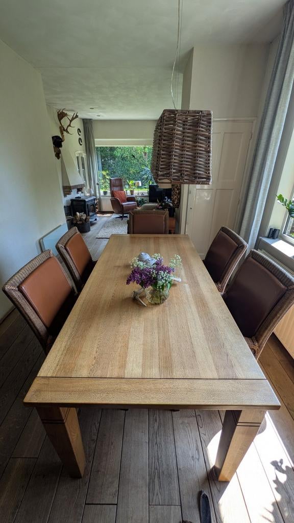 Robuuste eiken eettafel + 6 Lloyd Loom stoelen, Huis en Inrichting, Tafels | Eettafels, Gebruikt, Vijf personen of meer, Overige materialen