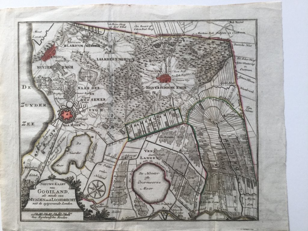 Hilversum, Naarden, Blaricum, e.o., de leth, 1740, Antiek en Kunst, Cartografie, Blanco verso, 25 cm, 21 cm
