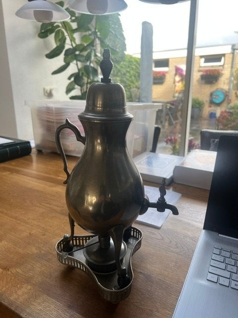 Mooie antieke tinnen kraantjeskan incl.brander en plateau, Antiek en Kunst, Ophalen of Verzenden