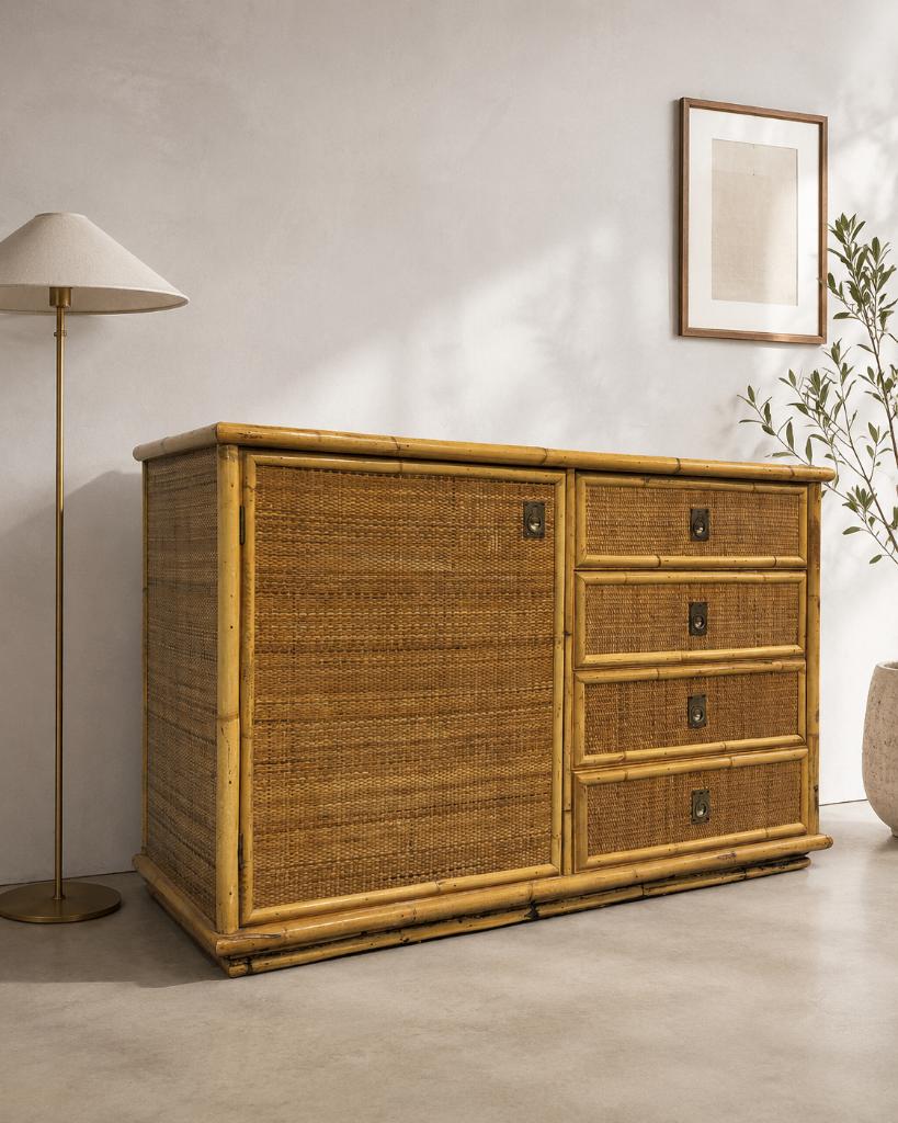 Vintage lage kast in rotan en bamboe, Ophalen, 25 tot 50 cm, Metaal, Minder dan 100 cm