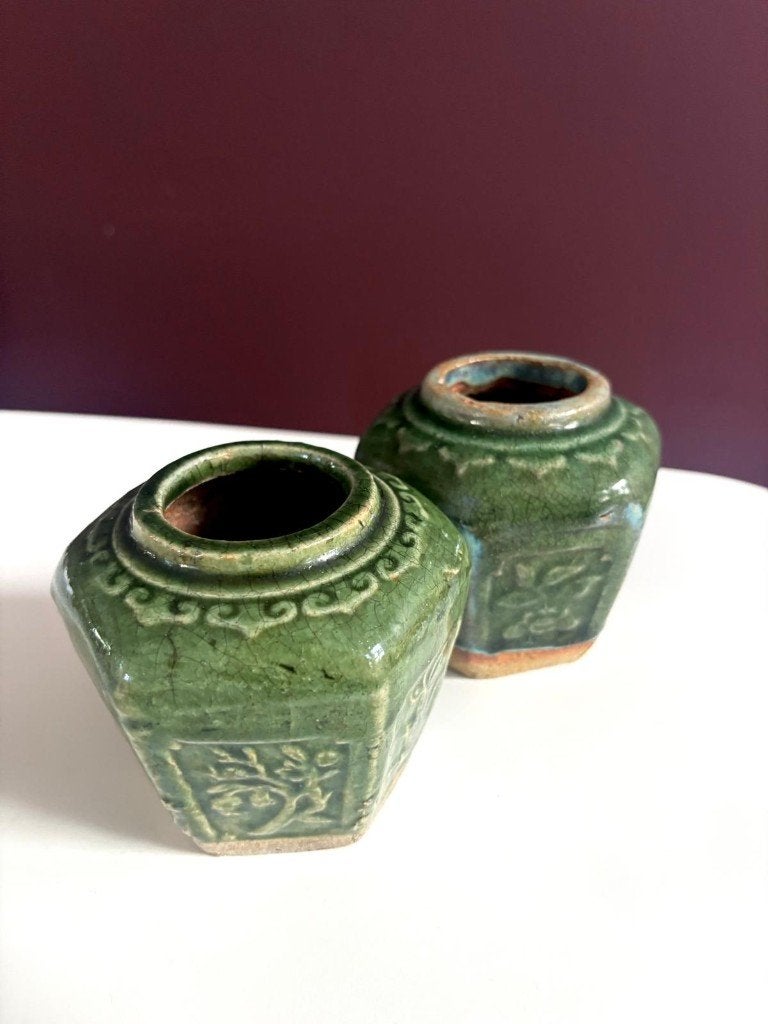 Vintage gemberpotjes (2) - groen, Ophalen of Verzenden