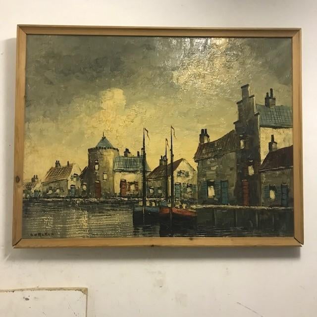 Schilderij 'Havengezicht, huisjes en boten'....waar ?, Ophalen of Verzenden