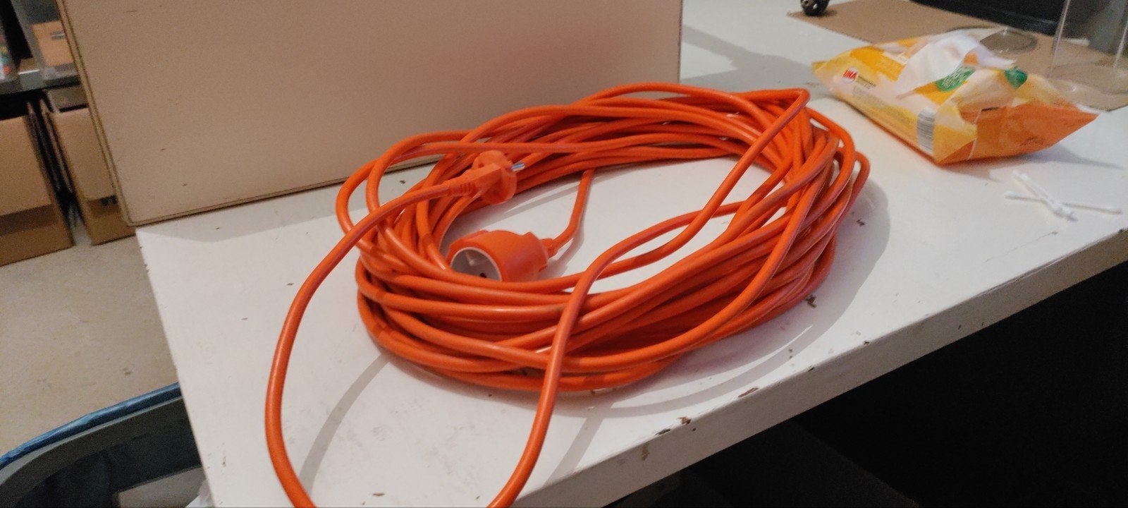 18 meter oranje verlengkabel met stekkerdoos, Ophalen of Verzenden, Gebruikt, Kabel of Snoer