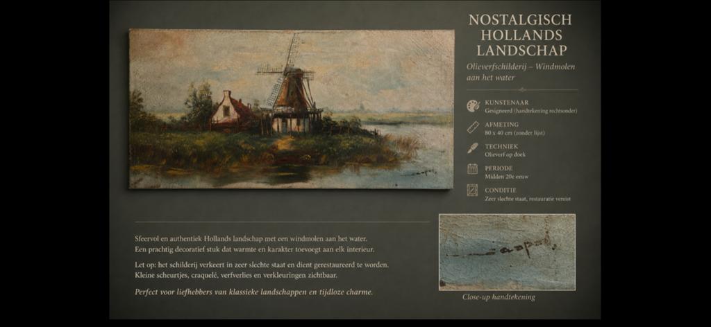 Nostalgisch Hollands Landschap - Windmolen aan het Water, Ophalen of Verzenden
