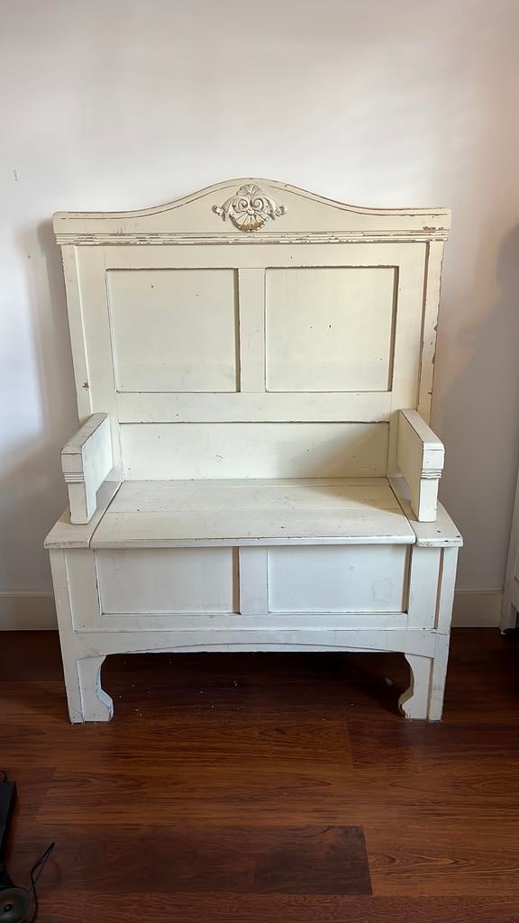 Brocante houten klepbankje met opbergruimte, Antiek en Kunst, Curiosa en Brocante, Ophalen