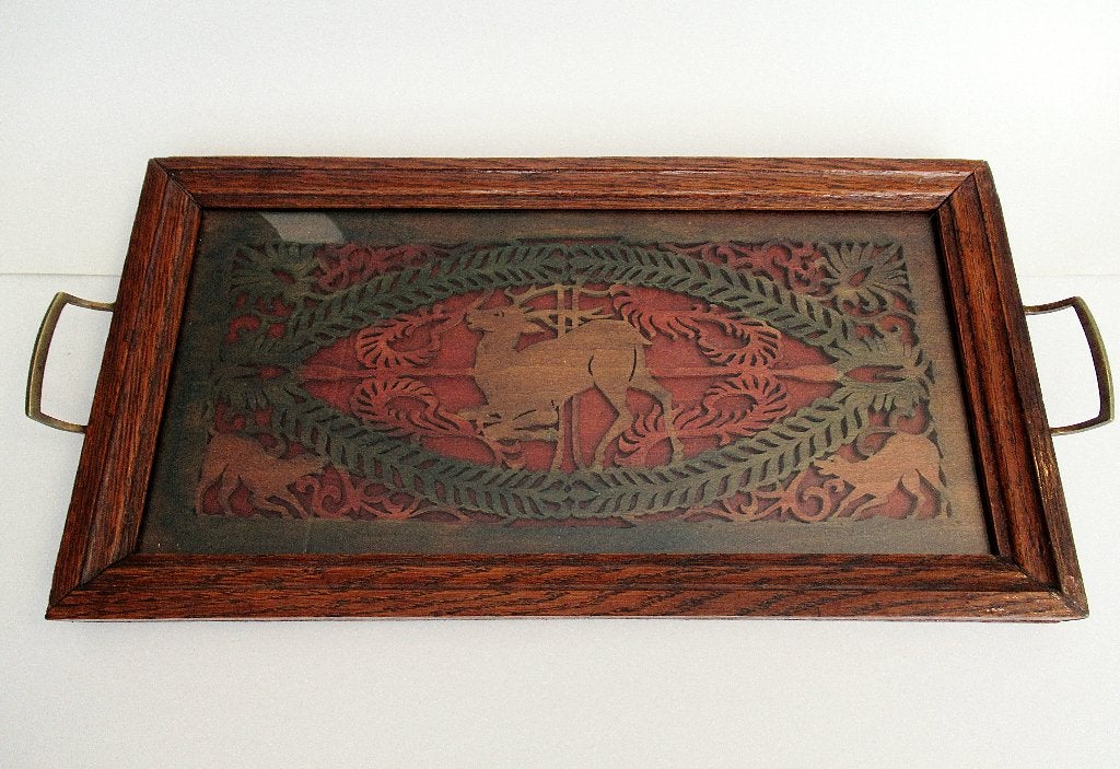 Vintage houten dienblad met snijwerk onder glas van de 50., Huis en Inrichting, Ophalen of Verzenden, Rechthoekig, Hout