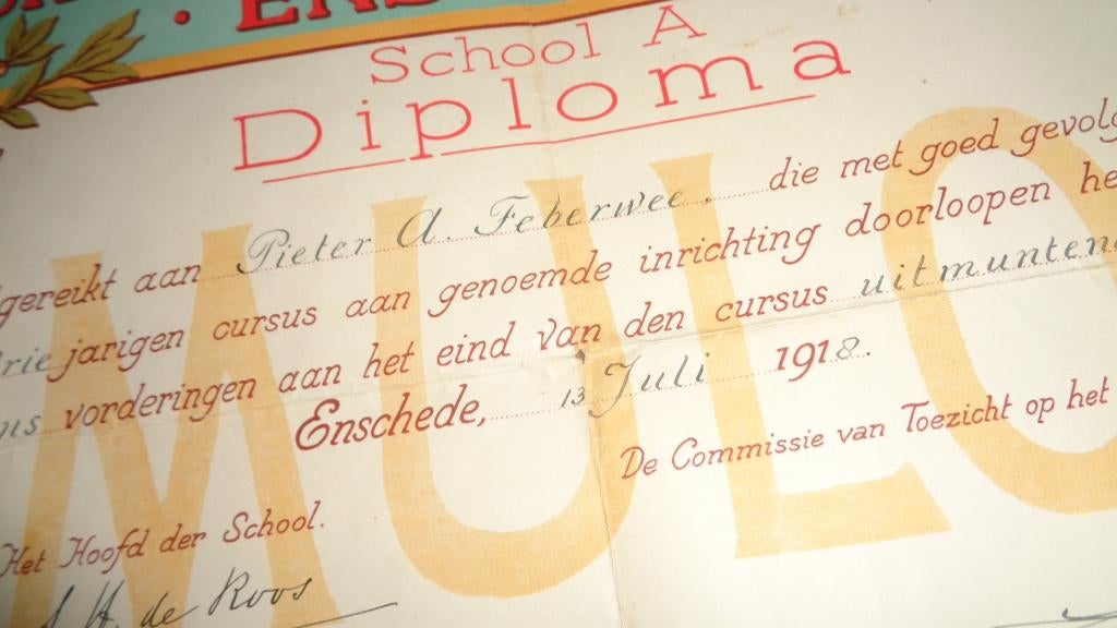 1918 Diploma MULO Enschede Twente, Antiek en Kunst, Curiosa en Brocante, Verzenden