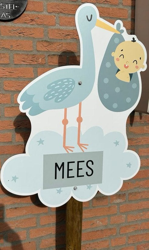 Geboortebord Ooievaar met baby Mees, Kinderen en Baby's, Kraamcadeaus en Geboorteborden, Ophalen, Zo goed als nieuw, Geboortebord