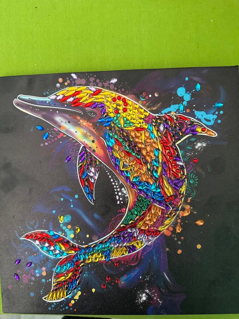 Kleurrijke dolfijn schilderij met edelstenen, Ophalen of Verzenden