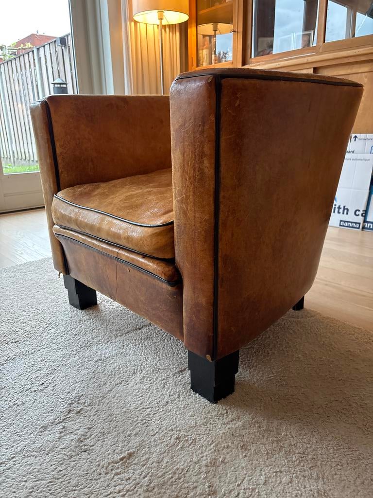 Vintage schapenleren Clubfauteuil - Cognacbruin, Ophalen