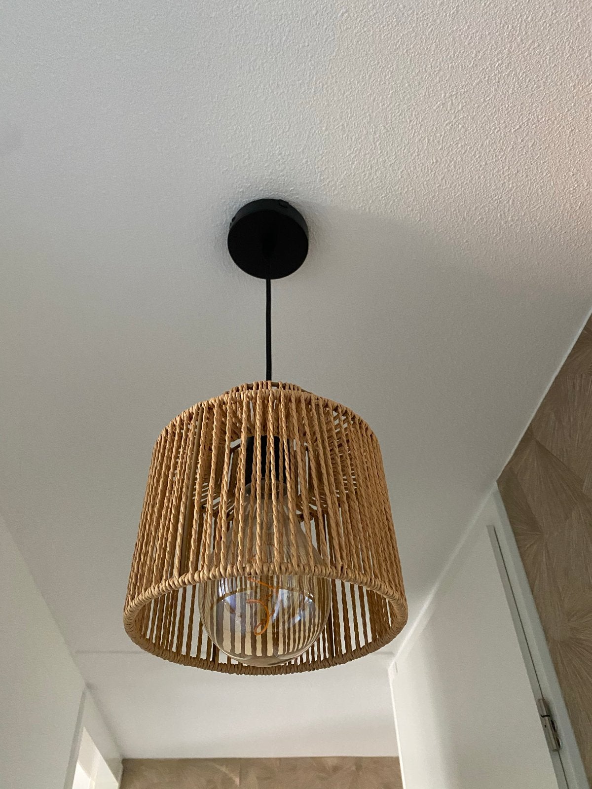 Set van 2: James hanglampen, beige/bruin textiel, E27, Huis en Inrichting, Lampen | Hanglampen, Ophalen, Gebruikt, Textiel, E27 (groot)