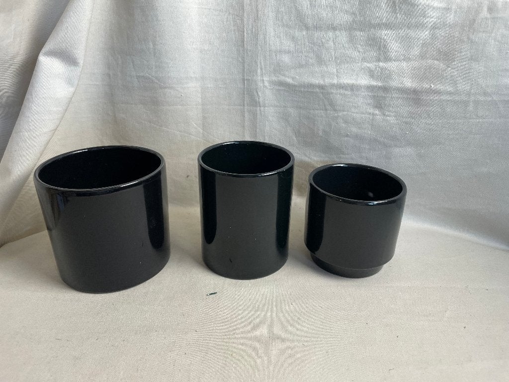 3 vintage zwarte aardewerken bloempotten jaren 70, Gebruikt, Rond, Binnen, Ophalen of Verzenden
