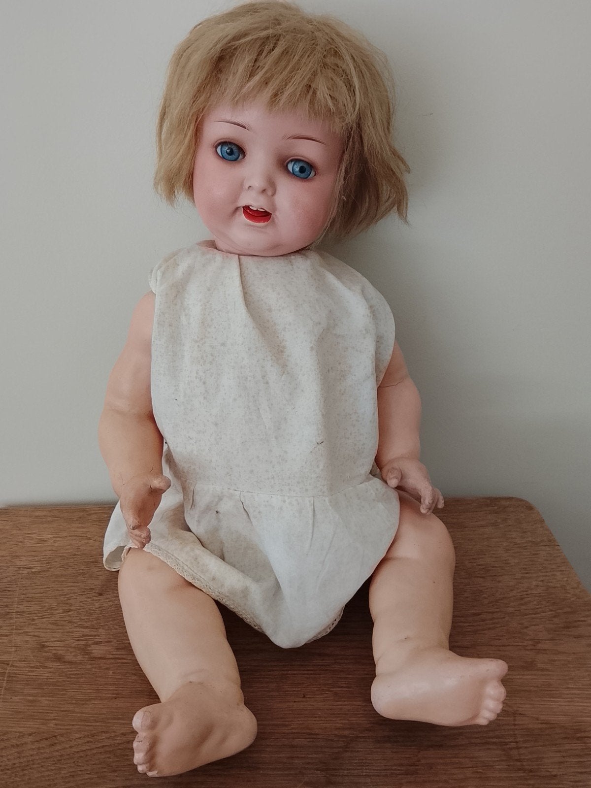 Vintage Babypop met Blonde Haren en Blauwe Ogen, Ophalen of Verzenden, Gebruikt, Babypop