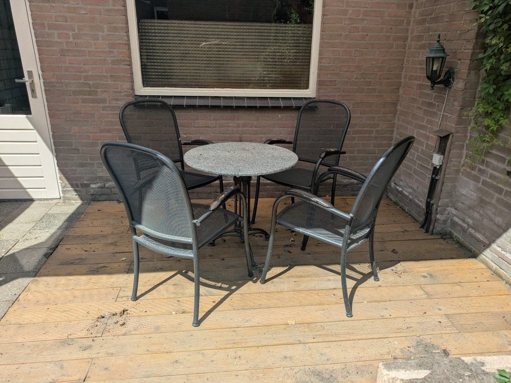 Tuintafel met 4 stoelen - Grijs, Ophalen, Gebruikt, Rond, Metaal