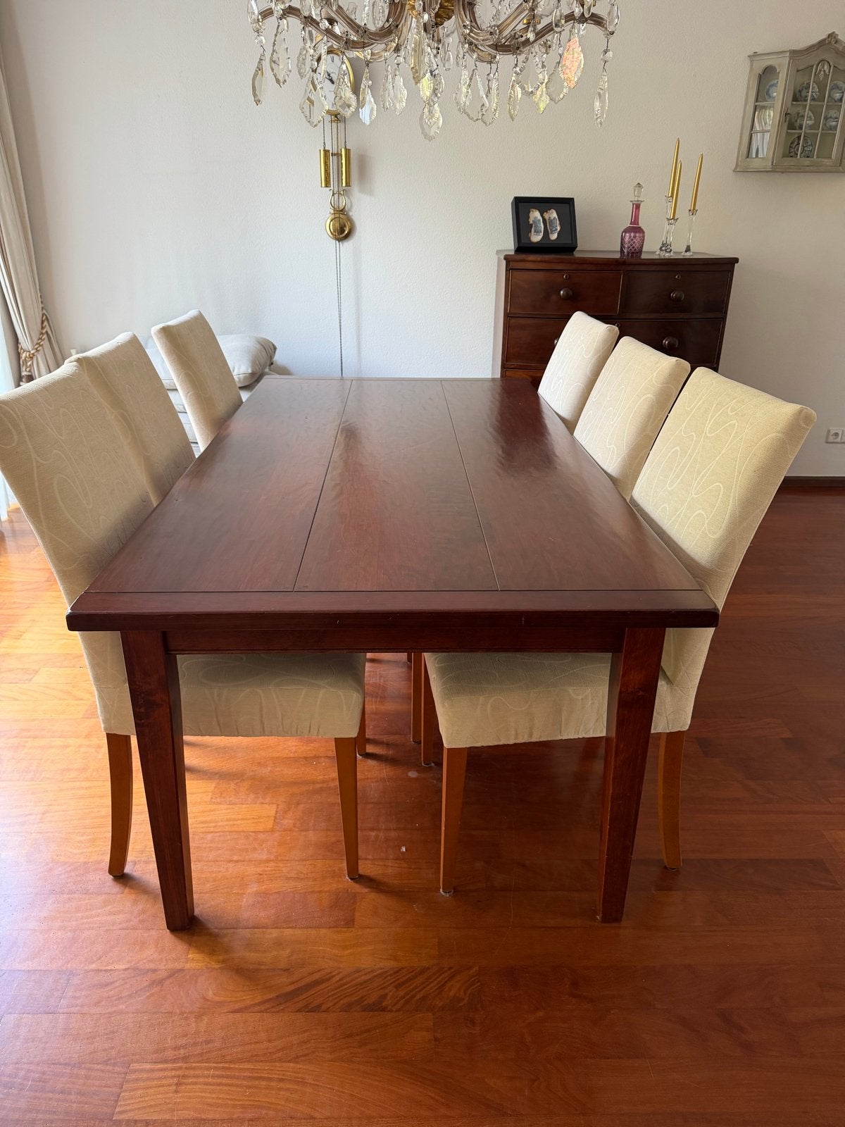 Elegante eettafel met 6 stoelen - kersenhout en stof, Huis en Inrichting, Stoelen, Ophalen, Gebruikt, Bruin, Modern klassiek