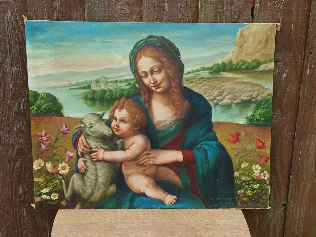 Olieverfschilderij Madonna met Kind en Lam, naar Da Vinci, Ophalen of Verzenden