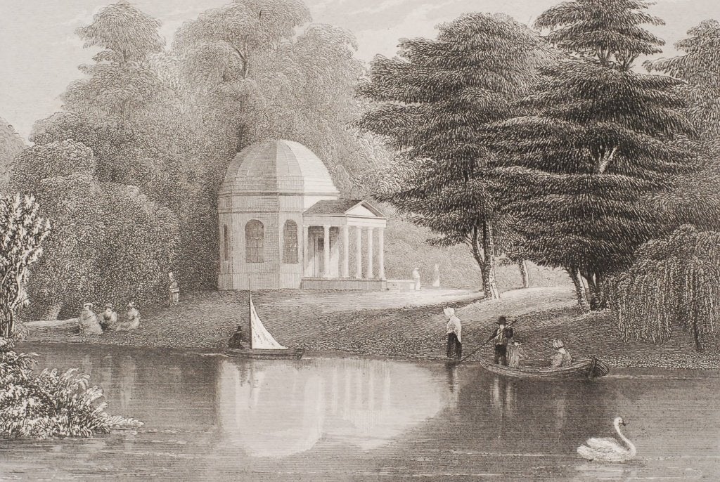 Garrick's Villa in Hampton - Originele illustratie uit 1845, Verzamelen, Foto's en Prenten, Verzenden, Voor 1940, Gebruikt, Gebouw