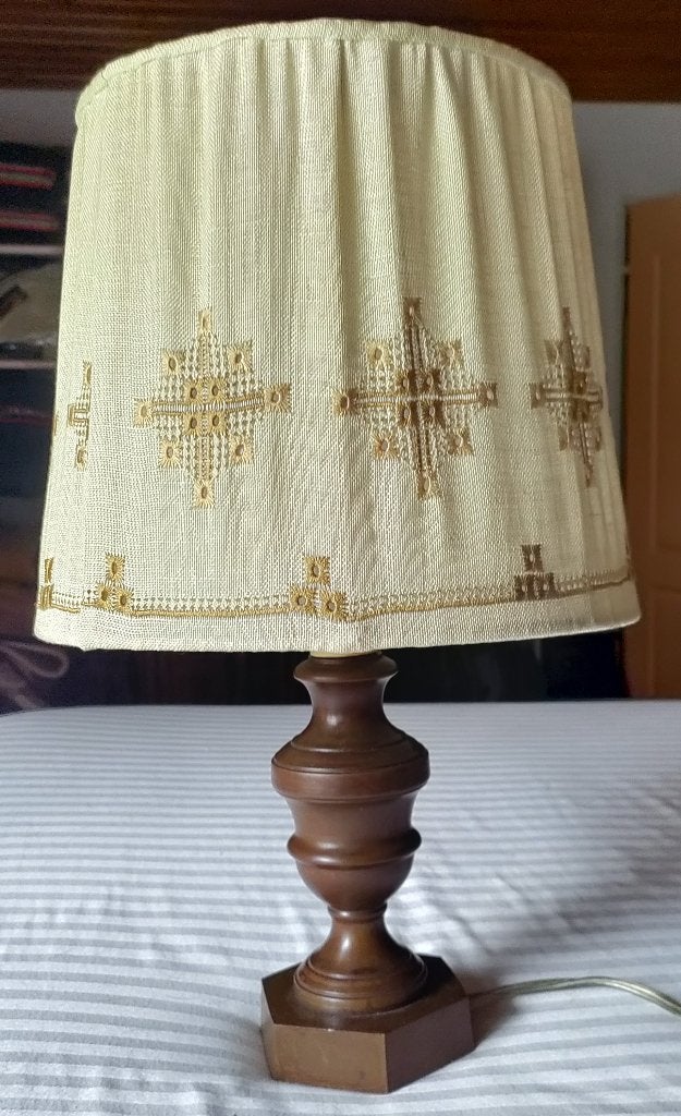 Tafellamp bronzen voet, Gebruikt, 44 cm, Ophalen of Verzenden, Textiel