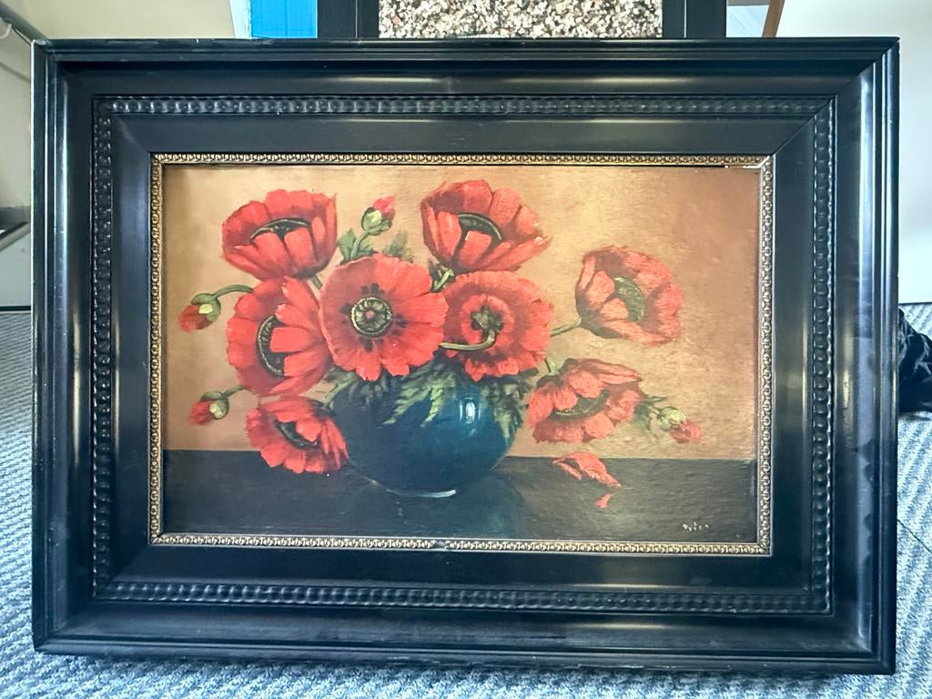 Schilderij met rode klaprozen in vaas, ingelijst, Ophalen